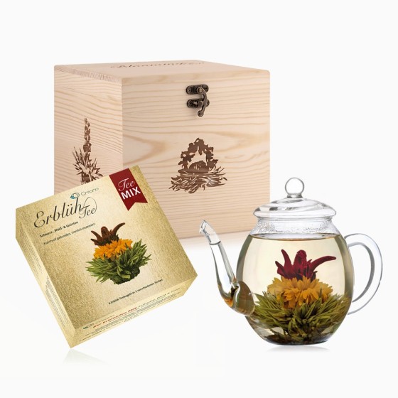 Creano virágzó tea szett fadobozban kancsóval és 6 db virágzó teával - Mix